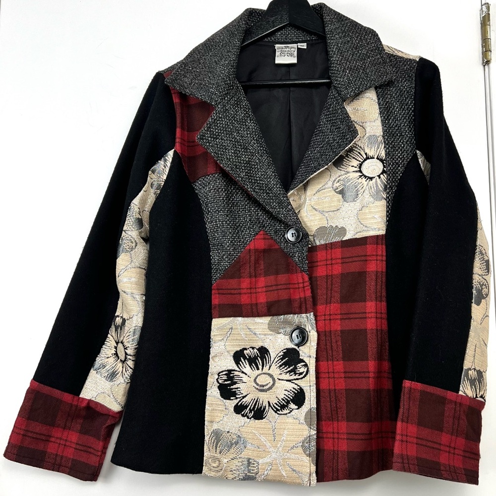 Parsley & Sage Boho Patchwork Mixed Media Jacket size M Black Multi Cottagecore